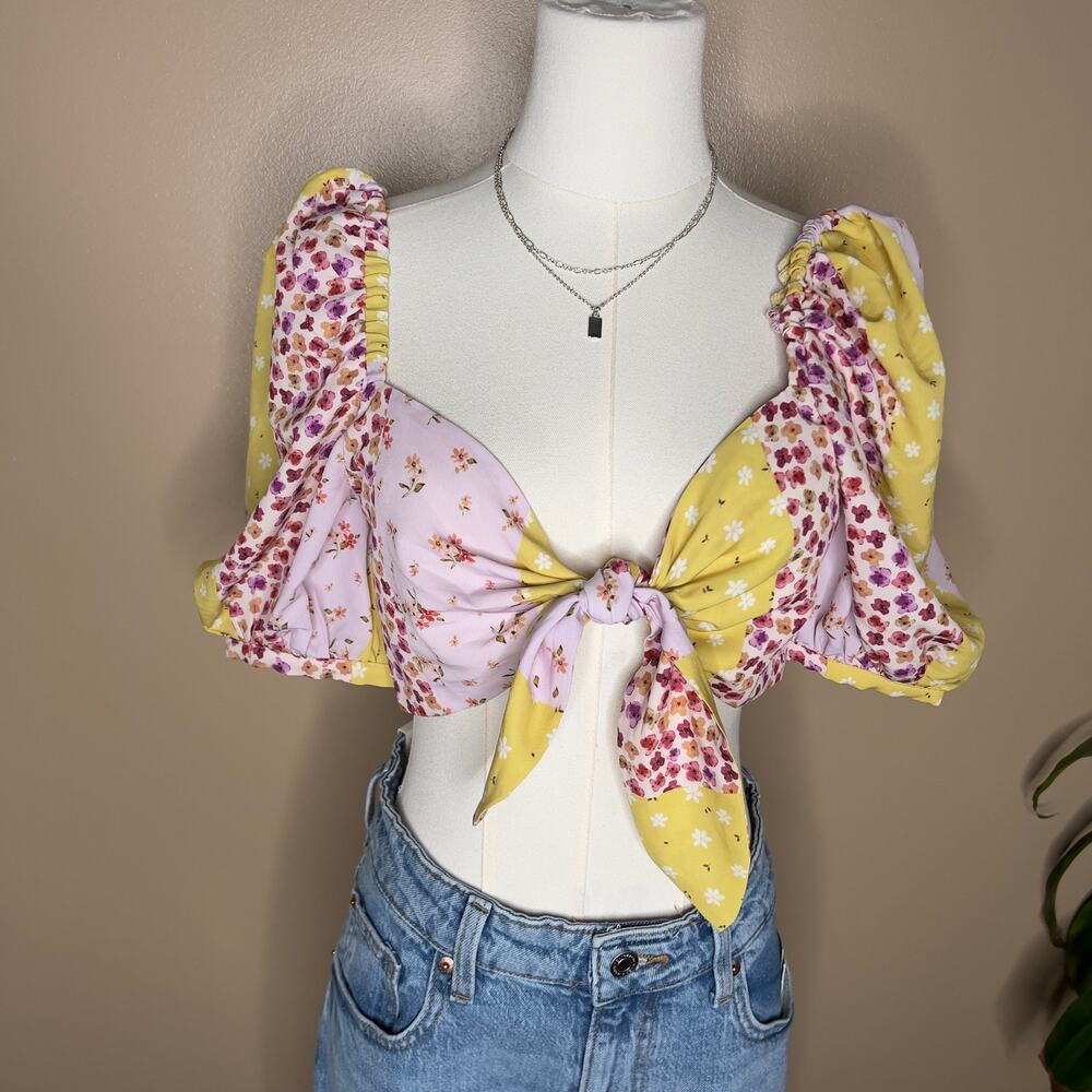Floral Patchwork Tie Front Crop Top 3/4 Balloon Sleeve Coquette Summer Small